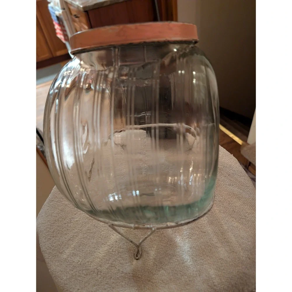 Antique Glass Jar Canister w/ Tin Lid & Scoop & Wire Stand Sellers Hoosier  S
